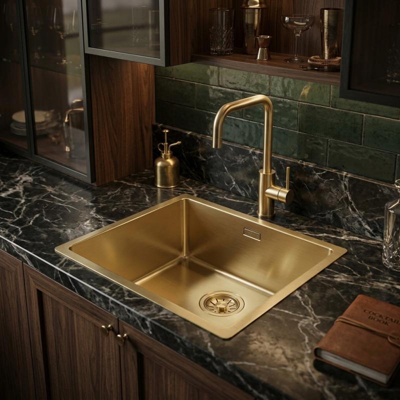 Pure.Sink Comfort PVD Gouden spoelbak 40x40 cm 10mm radius onderbouw, vlakbouw en opbouw PCM4040-60